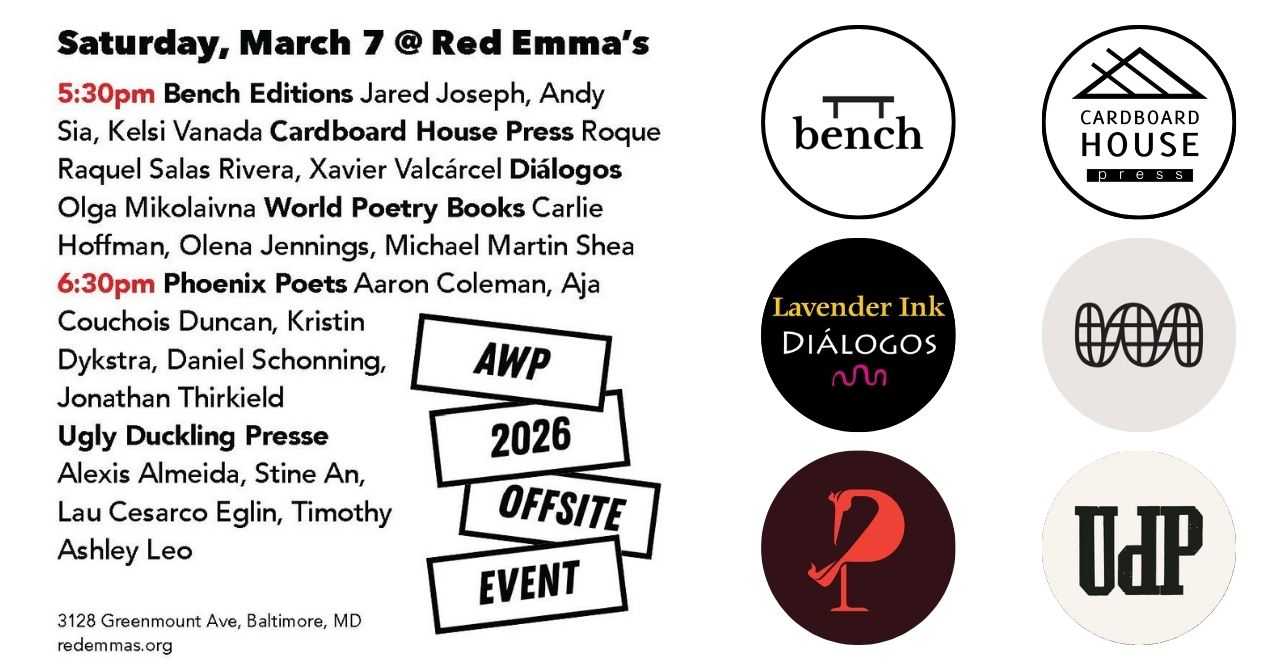 AWP Poetry Offsite with Phoenix Poets, Ugly Duckling Presse, Bench Editions, Cardboard House Press, Diálogos, and World Poetry Books