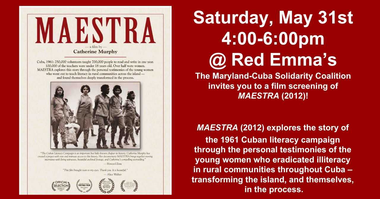 Screening: Maestra with the MD-Cuba Solidarity Committee